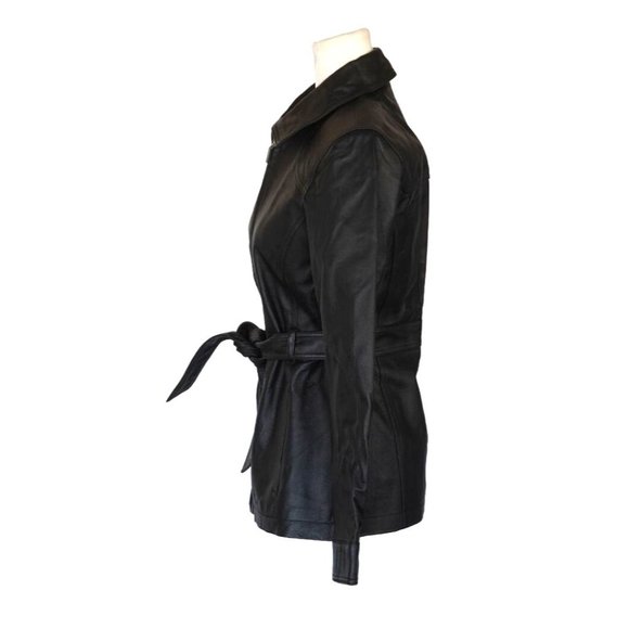 East 5th Black Leather Jacket Womens Size Petite Small Ties at Waist Zip Front - Picture 7 of 16
